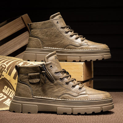 马丁靴男秋冬新款英伦风复古超纤男士休闲中帮厚底防水工装靴