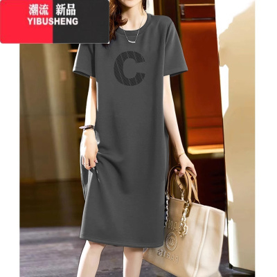 YIBUSHENG2023季新款中长款宽松显瘦遮肚子洋气减龄休闲女T恤直筒连衣裙
