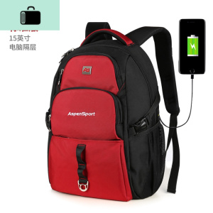 背包男士双肩包商务 大学生书包中学生防盗电脑包充电旅行包NEW LAKE 黑/红[标准版]