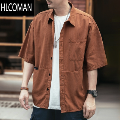 HLCOMAN日系高端棉质短袖衬衫男夏季宽松休闲潮流半袖工装衬衣痞帅男士款