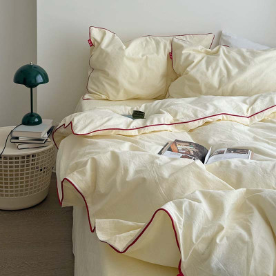 简约北欧风色织水洗棉四件套纯棉双层密拷边素色民宿床品床笠