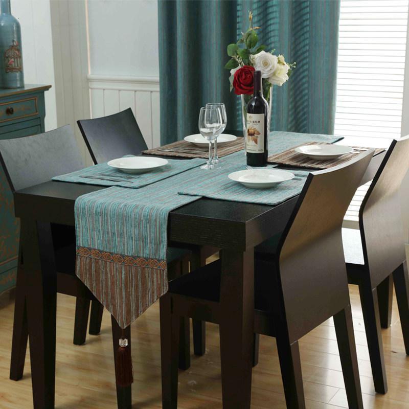欧式餐桌桌旗茶几餐垫装饰布桌巾电视柜西餐桌棉麻隔热垫碗垫鞋柜 桌旗蓝拼咖蓝尖 桌旗32*180CM