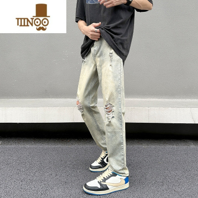 YANXU黄泥色破洞牛仔裤男直筒修身2023夏季薄款ins潮牌美式高街长裤子