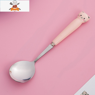 网红小勺子家用儿童饭勺不锈钢汤勺吃饭长柄西瓜勺可爱少女心汤匙 敬平 粉头1支