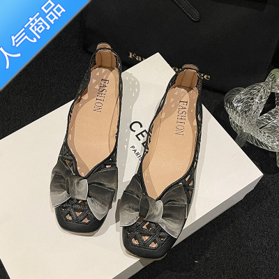 SUNTEK镂空洞洞凉鞋女夏季2023年新款平底蝴蝶结方头浅口单鞋软底豆豆鞋