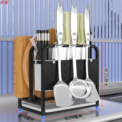多功能不锈钢刀具砧板架放锅铲菜刀针板座置物收纳架厨房用品架子 敬平 D8黑色款(宽刀槽双筷筒加)厨具