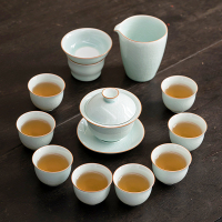 苏氏陶瓷(SUSHI CERAMICS)汝窑卵青 开片可养金线三才盖碗8茶杯高档礼盒装