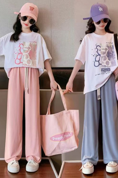 女童装夏装套装中大童洋气网红短袖T恤女孩休闲冰丝阔腿裤两件套