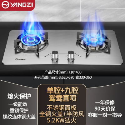 扬子燃煤气灶炉双灶家用天然气液化气猛火灶台式嵌入式 不锈钢5.2kW鸳鸯直喷铜火盖_天然气