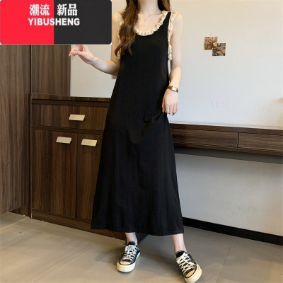 YIBUSHENG大码胖mm设计感木耳边吊带连衣裙女季慵懒风显瘦条纹背心针织裙