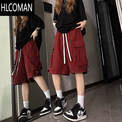 HLCOMAN大码300斤酒红色多口袋工装裤男女夏季新款宽松阔腿休闲运动短裤2