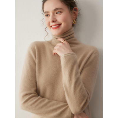 一线成衣山羊绒秋冬新款女修身堆堆领卷边短款内搭毛衣针织打底衫