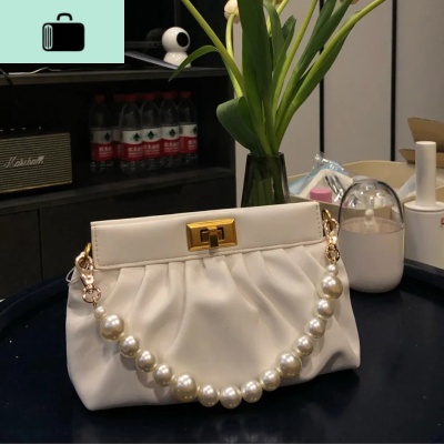 褶皱小包包女2020新款名媛腋下包优雅气质女包珍珠链条ins单肩包NEW LAKE 白色女士单肩包