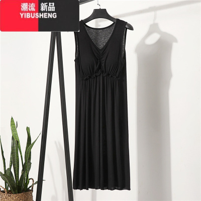 YIBUSHENG带胸垫连衣裙女季薄款宽松睡裙v领莫代尔打底裙中长款休闲裙子