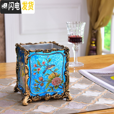 三维工匠欧式复古笔筒美式田园家居梳子化妆刷筒时尚摆件客厅遥控器收纳盒 宝蓝色9074F金属系