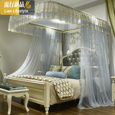 新款u型轨道导轨蚊帐1.8m床双人家用1.5加厚加密不锈钢三开拉幕 三维工匠