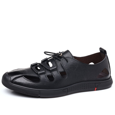 年新款男士休闲镂空皮鞋男潮透气洞洞鞋套脚真皮凉鞋