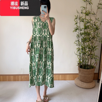 YIBUSHENG2024新款季棉绸女士连衣裙无袖时尚显瘦宽松人造棉裙子薄款长裙