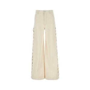 Chloe纯棉麻阔腿牛仔裤女宽松显瘦直筒徽标五口袋百搭休闲长裤 白色 40