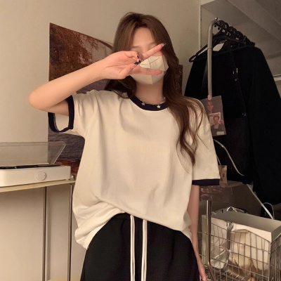 棉质短袖T恤女夏季新款小众设计感撞色宽松正肩半袖显瘦上衣