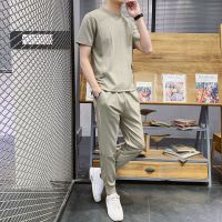 梵克公牛夏季男士休闲运动套装韩版修身潮流男装一套衣服纯棉青少年学生简约短袖T恤搭配九分裤两件套潮牌