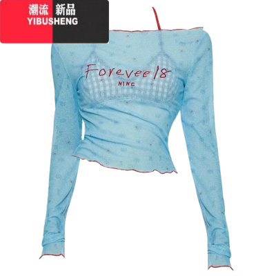 YIBUSHENG甜酷辣妹薄款防晒长袖T恤女季早秋修身显瘦美式性感露肩短上衣