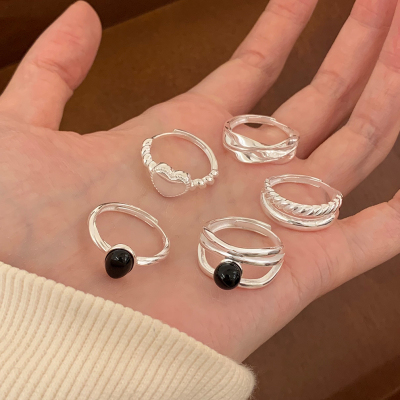 纯银黑玛瑙戒指女轻奢高级感复古重工叠戴开口食指戒个性银饰送女朋友老婆情人节七夕生日礼物