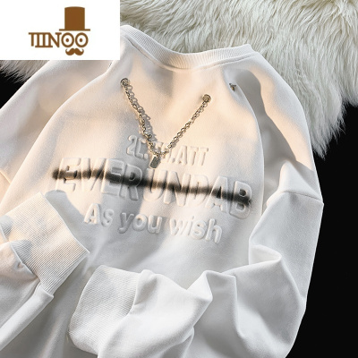 YANXU美式项链卫衣男潮牌字母压花设计小众情侣上衣复古宽松圆领套头衫