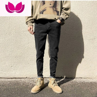 七斓2023春季牛仔裤男士潮牌修身小脚休闲长裤子韩版潮流烟灰色弹力款
