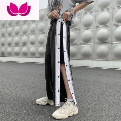 七斓高街全开排扣裤子男夏季宽松ins直筒休闲裤潮流篮球运动九分裤男