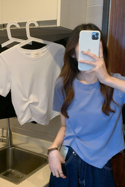 设计感不规则下摆短袖T恤女夏短款打底衫女休闲纯色上衣女装