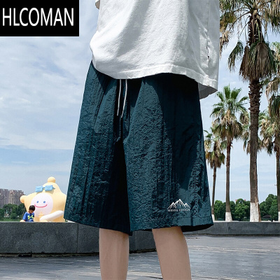 HLCOMAN雪山刺绣休闲短裤男夏季薄款沙滩潮流冰丝睡裤宽松速干五分大裤衩