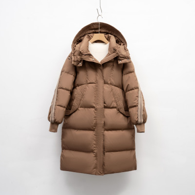 羽绒服女冬季新款时尚韩版中长款咖色复古白鸭绒外套连帽加厚