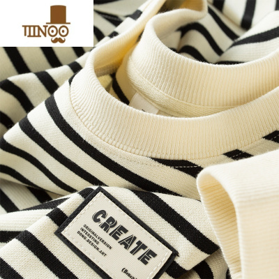 YANXU轻奢薄款撞色条纹圆领卫衣男长袖修身休闲套头外穿t恤男装