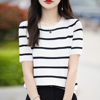 复古条纹撞色圆领针织短袖女夏季宽松上衣温柔风韩系百搭T恤薄款