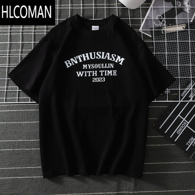 HLCOMAN纯色字母潮牌短袖t恤男夏季休闲宽松日系复古内搭情侣装