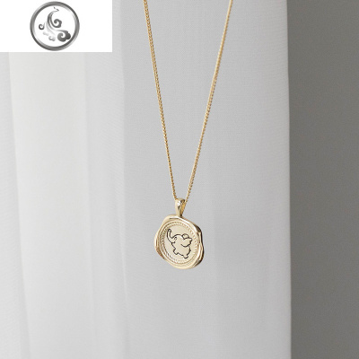 纯银小飞象项链女网红幸运废话锁骨链韩国金色圆牌大象毛衣链吊坠 JiMi