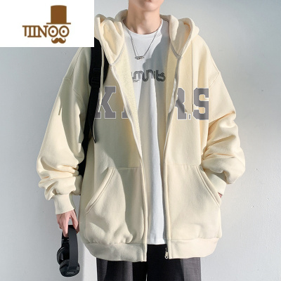 YANXU开衫卫衣男士款夏季宽松休闲连帽夹克美式潮牌复古杏色外套男