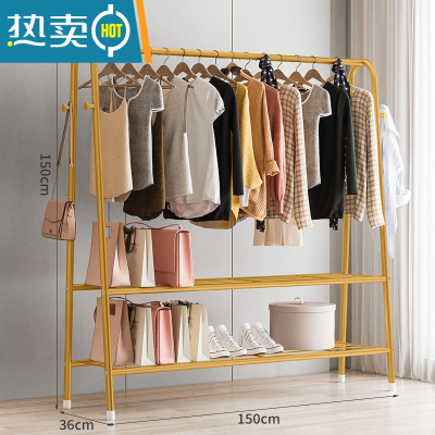 敬平晾衣架落地折叠室内家用简易晾衣杆卧室宿舍挂衣架阳台晒衣服架子 升级150CM-金色-双层网[蘑菇钩] 大