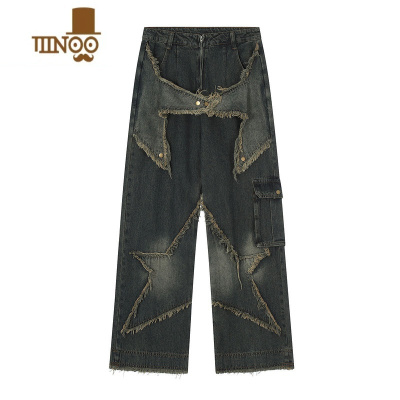 YANXUNOONOZ潮牌美式高街五角星毛边水洗牛仔裤男宽松直筒炸街嘻哈长裤