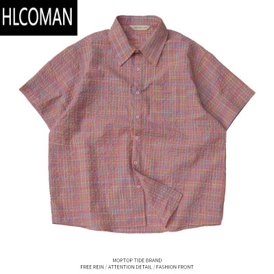 HLCOMANWH先生粉色格纹泡泡纱肌理感短袖衬衫男帅气百搭情侣休闲宽松上衣