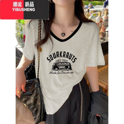 YIBUSHENG港风撞色v领短袖t恤女季大码胖mm慵懒宽松显瘦百搭上衣印花