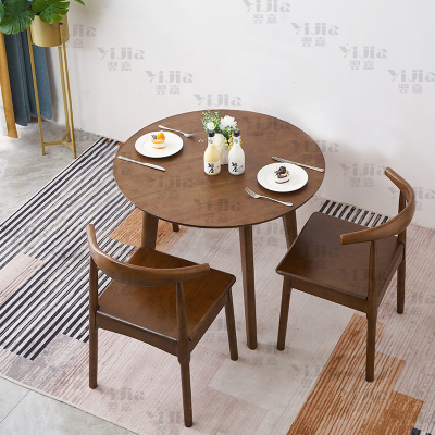 翌嘉 YJ3121616 实木小圆桌简约圆形餐桌接待洽谈桌茶桌椅组合 胡桃色0.6米一桌两椅