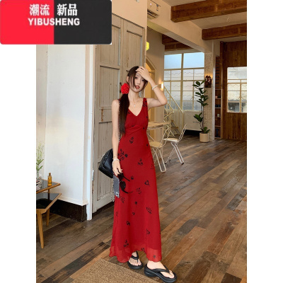 YIBUSHENG法式浪漫印花v领吊带连衣裙女季2024新款收腰显瘦垂感包臀长裙