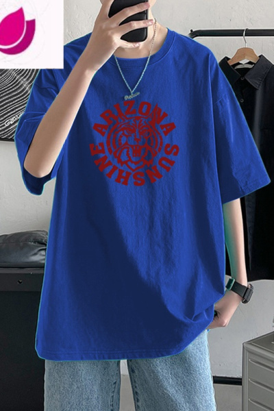 七斓短袖潮牌T恤男ins夏装新款克莱因蓝半袖上衣服宽松五分袖体恤