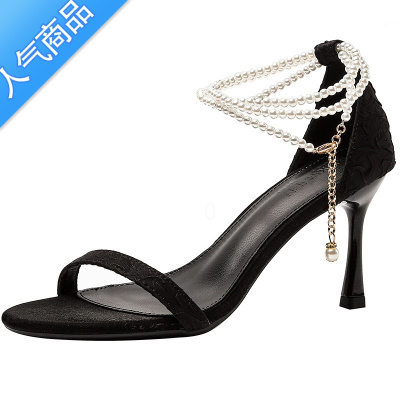 SUNTEK细跟高跟鞋女高级2023年新款小众气质露趾珍珠一字扣带凉鞋配裙子