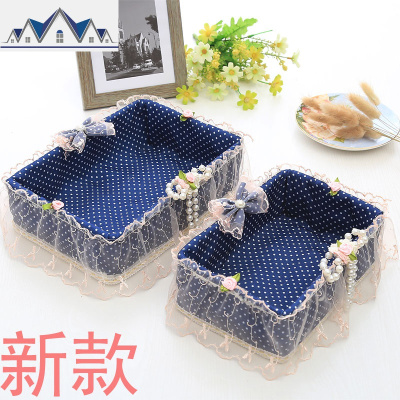 2019田园蕾丝化妆品桌面饰物收纳篮藤编收纳篮布艺摇控篮 三维工匠