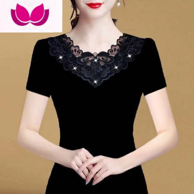 七斓圆领蕾丝打底衫女短袖t恤2023夏装新品修身薄款网纱大码女装上衣