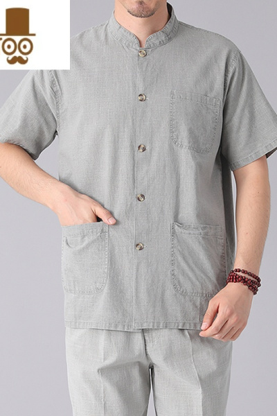 YANXU棉麻短袖衬衫夏季半袖男中老年爸爸T恤开衫老头亚麻休闲褂子夏装