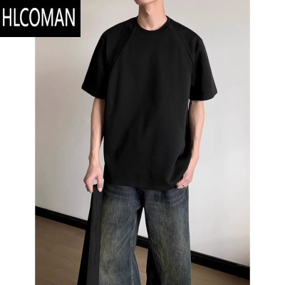 HLCOMAN280g氨纶太空棉拼接短袖T恤男女cleanfi短款正肩boxy版型